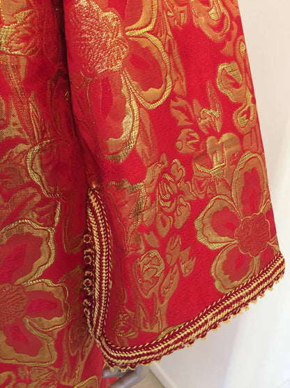 Vintage Moroccan Kaftan 1970s Red and Gold Floral Brocade Caftan Maxi Dress