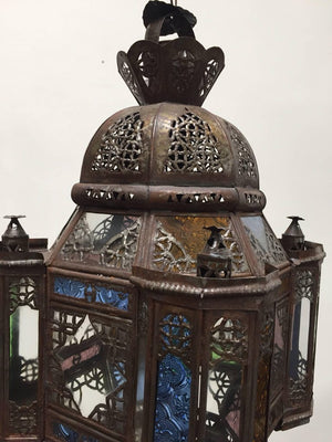 Moroccan Moorish Metal Lantern with Clear and Colored Glass