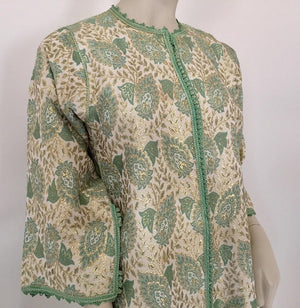 Vintage Moroccan Caftan Lime Green and Silver and Gold Metallic Floral Brocade