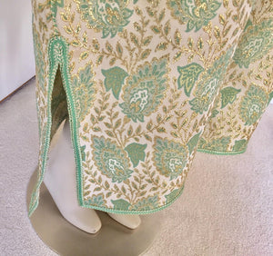 Vintage Moroccan Caftan Lime Green and Silver and Gold Metallic Floral Brocade