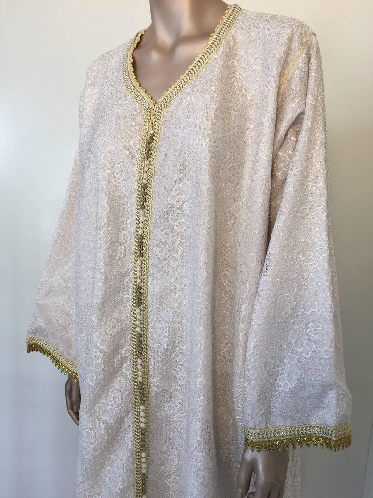 Moroccan Vintage Caftan in White and Gold Lace 1970s Kaftan Maxi Dress