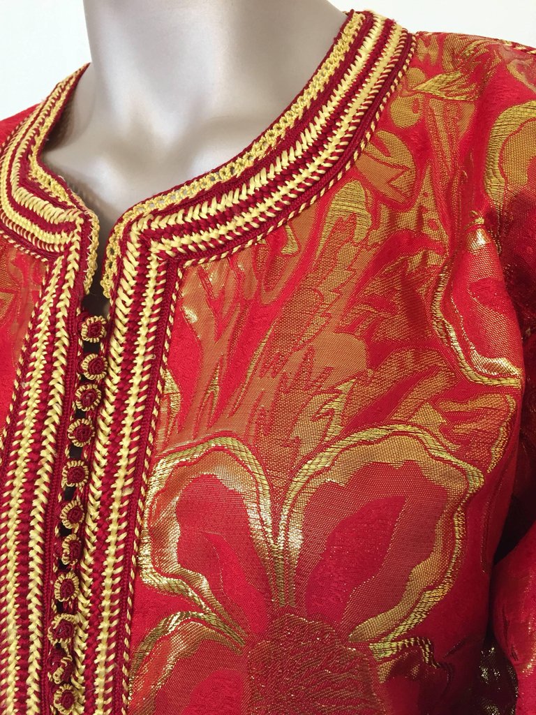 Vintage Moroccan Kaftan 1970s Red and Gold Floral Brocade Caftan Maxi Dress