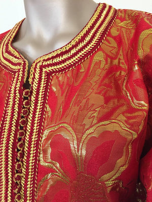 Vintage Moroccan Kaftan 1970s Red and Gold Floral Brocade Caftan Maxi Dress