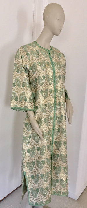 Vintage Moroccan Caftan Lime Green and Silver and Gold Metallic Floral Brocade