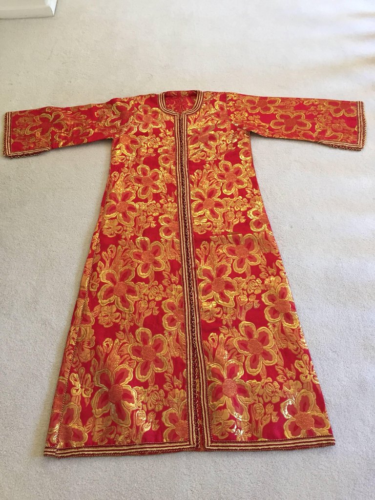 Vintage Moroccan Kaftan 1970s Red and Gold Floral Brocade Caftan Maxi Dress