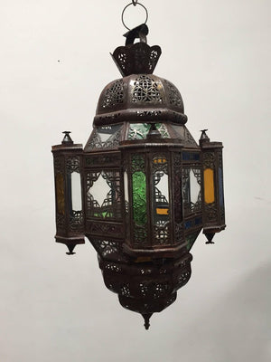 Moroccan Moorish Metal Lantern with Clear and Colored Glass