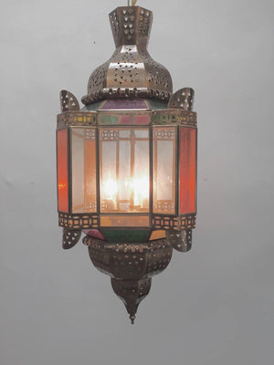 Moroccan Brass Light Fixture with Amber Colored Stained Glass