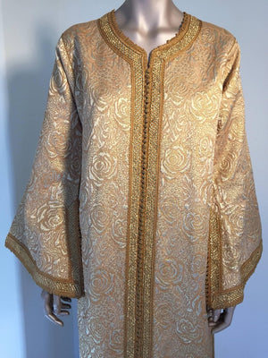 Moroccan Caftan in Gold Bronze Metallic Brocade, Maxi Gown Dress Kaftan
