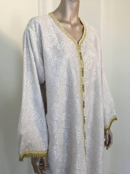 Moroccan Vintage Caftan in White and Gold Lace 1970s Kaftan Maxi Dress