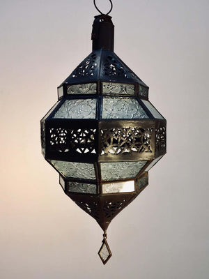 Vintage Moroccan Metal and Clear Glass Lantern, Octagonal Shape