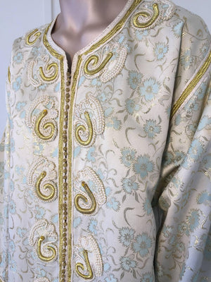 Moroccan Caftan, White Floral Brocade Kaftan Embroidered with Gold Threads
