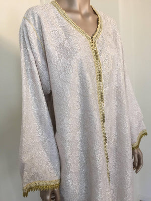 Moroccan Vintage Caftan in White and Gold Lace 1970s Kaftan Maxi Dress