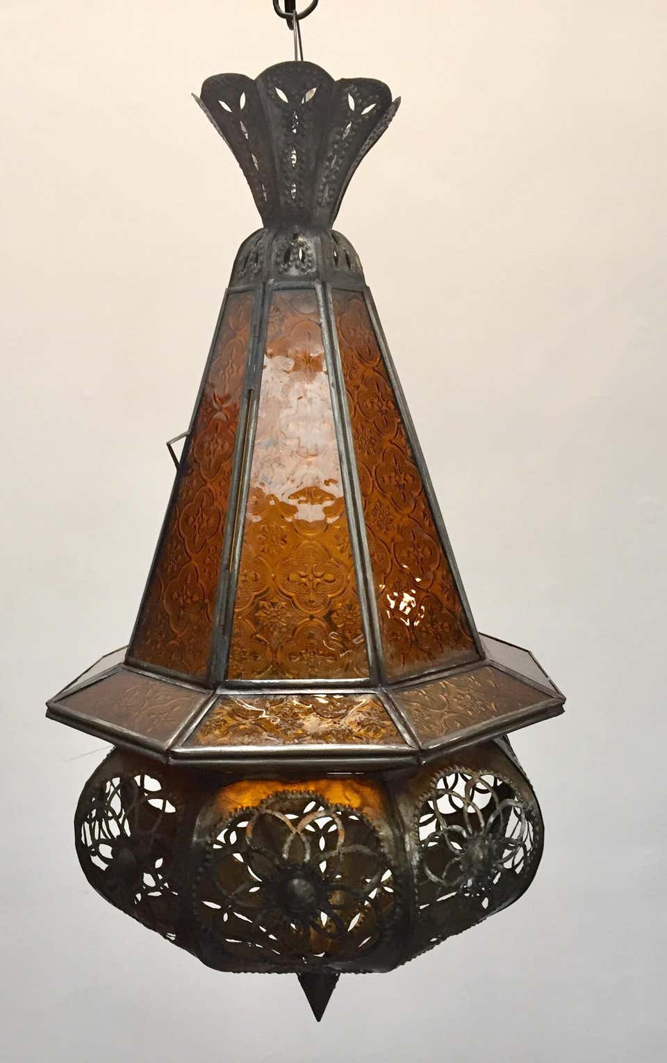 Moroccan Handcrafted Moorish Amber Glass Lantern Pendant – view 2