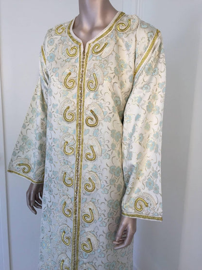 Moroccan Caftan, White Floral Brocade Kaftan Embroidered with Gold Threads