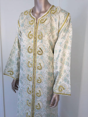 Moroccan Caftan, White Floral Brocade Kaftan Embroidered with Gold Threads