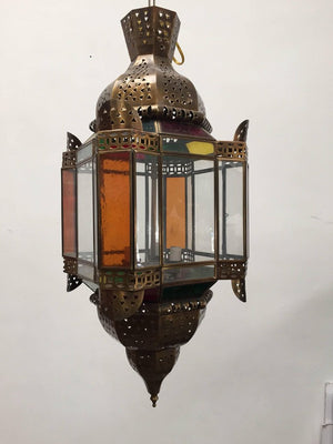 Moroccan Brass Light Fixture with Amber Colored Stained Glass