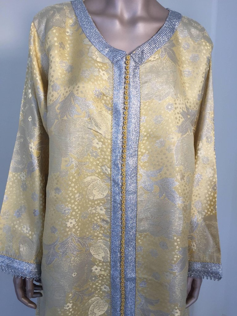 Metallic Gold and Silver Brocade 1970s Maxi Dress Caftan, Evening Gown Kaftan