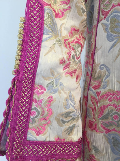 Vintage Moroccan Kaftan Brocade Embroidered with Pink and Gold Trim, circa 1970