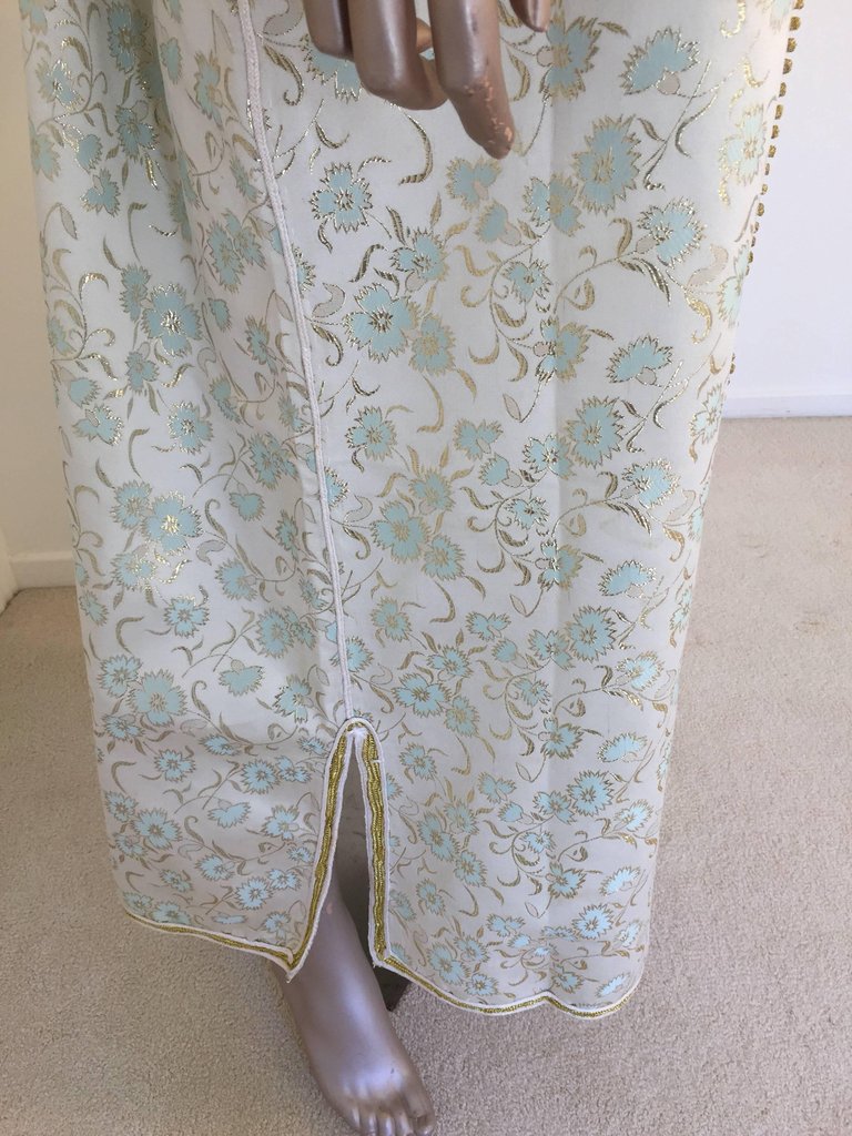 Moroccan Caftan, White Floral Brocade Kaftan Embroidered with Gold Threads