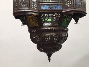 Moroccan Moorish Metal Lantern with Clear and Colored Glass
