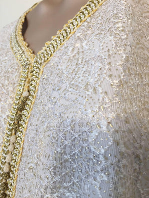 Moroccan Vintage Caftan in White and Gold Lace 1970s Kaftan Maxi Dress