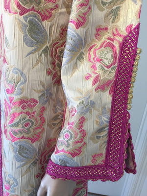 Vintage Moroccan Kaftan Brocade Embroidered with Pink and Gold Trim, circa 1970