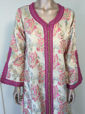 Vintage Moroccan Kaftan Brocade Embroidered with Pink and Gold Trim, circa 1970