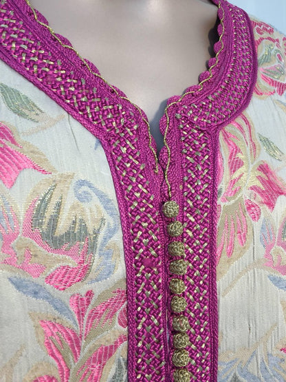 Vintage Moroccan Kaftan Brocade Embroidered with Pink and Gold Trim, circa 1970