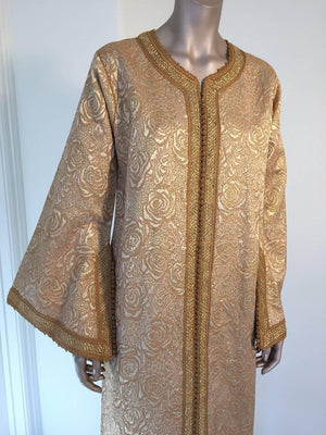 Moroccan Caftan in Gold Bronze Metallic Brocade, Maxi Gown Dress Kaftan