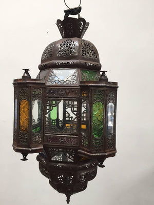 Moroccan Moorish Metal Lantern with Clear and Colored Glass