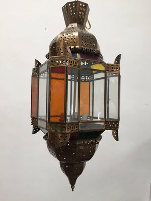 Moroccan Brass Light Fixture with Amber Colored Stained Glass