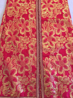 Vintage Moroccan Kaftan 1970s Red and Gold Floral Brocade Caftan Maxi Dress