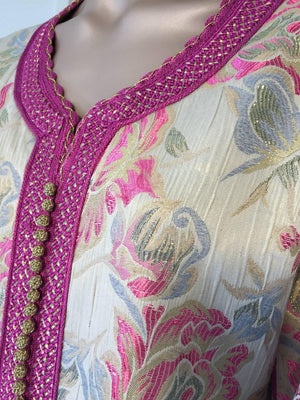 Vintage Moroccan Kaftan Brocade Embroidered with Pink and Gold Trim, circa 1970