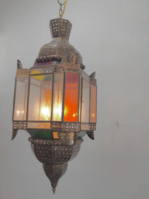 Moroccan Brass Light Fixture with Amber Colored Stained Glass