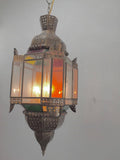 Moroccan Brass Light Fixture with Amber Colored Stained Glass