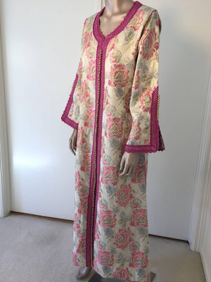 Vintage Moroccan Kaftan Brocade Embroidered with Pink and Gold Trim, circa 1970