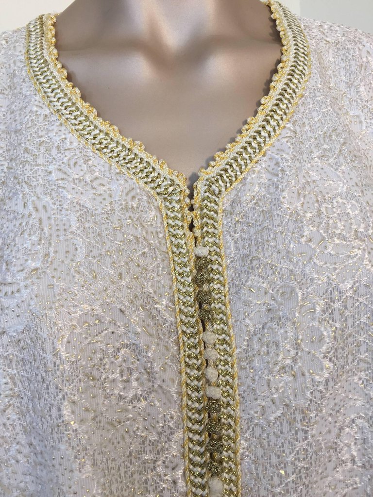 Moroccan Vintage Caftan in White and Gold Lace 1970s Kaftan Maxi Dress