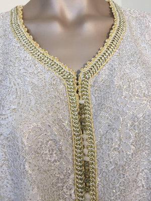 Moroccan Vintage Caftan in White and Gold Lace 1970s Kaftan Maxi Dress