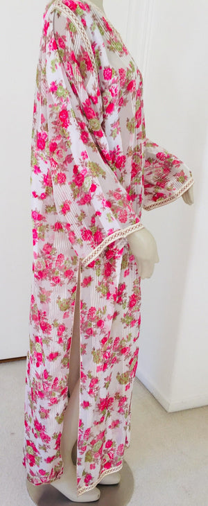 1970 Moroccan Caftan Metallic Pink Floral Silk Kaftan