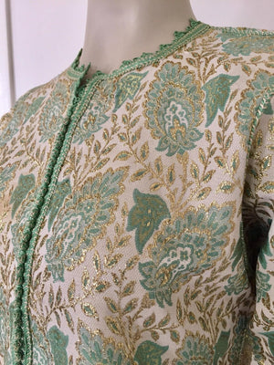 Vintage Moroccan Caftan Lime Green and Silver and Gold Metallic Floral Brocade