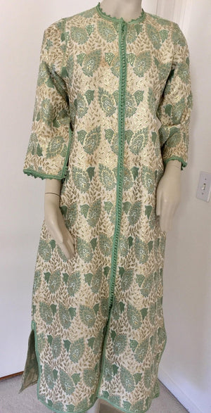 Vintage Moroccan Caftan Lime Green and Silver and Gold Metallic Floral Brocade