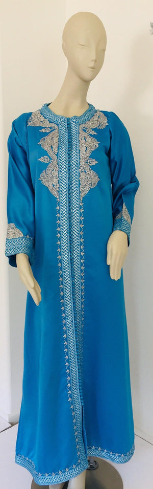 Moroccan Kaftan in Turquoise Blue and Silver