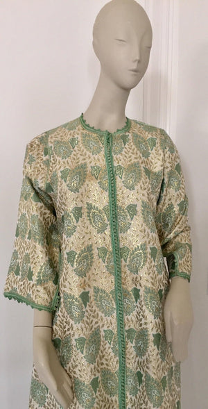 Vintage Moroccan Caftan Lime Green and Silver and Gold Metallic Floral Brocade