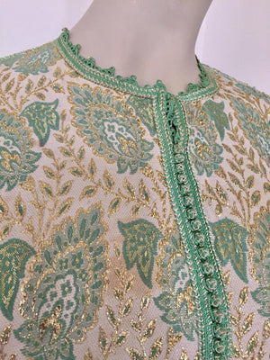 Vintage Moroccan Caftan Lime Green and Silver and Gold Metallic Floral Brocade