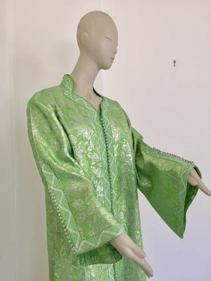 Moroccan Kaftan Lime Green and Silver Brocade