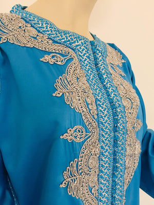 Moroccan Kaftan in Turquoise Blue and Silver