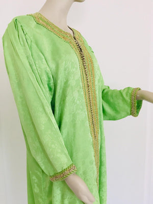 Elegant Moroccan Caftan Green and Gold Embroidered with Moorish Designs