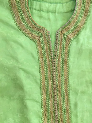 Elegant Moroccan Caftan Green and Gold Embroidered with Moorish Designs