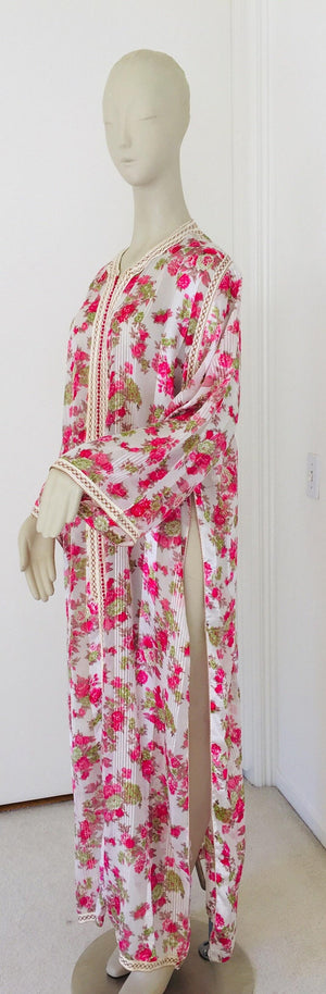 1970 Moroccan Caftan Metallic Pink Floral Silk Kaftan
