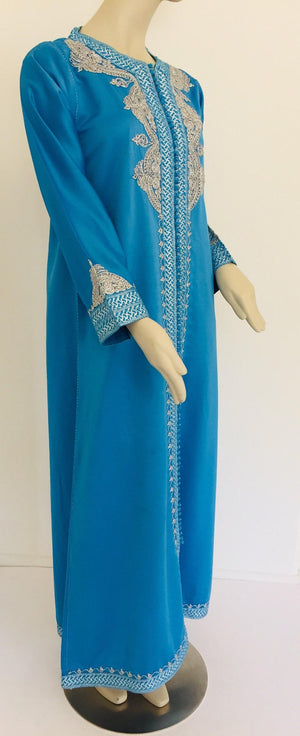 Moroccan Kaftan in Turquoise Blue and Silver